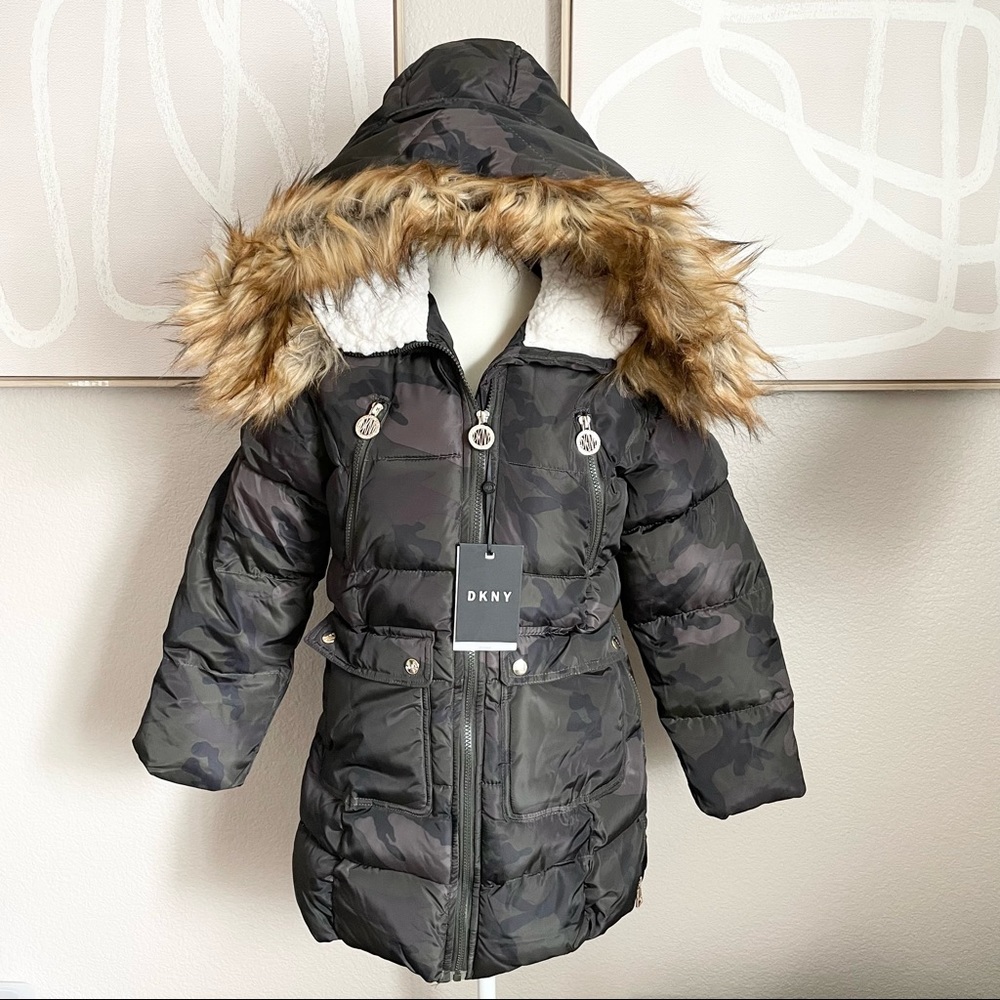 DKNY Faux Fur Trim Camo Print Hooded Puffer Jacket for Kids